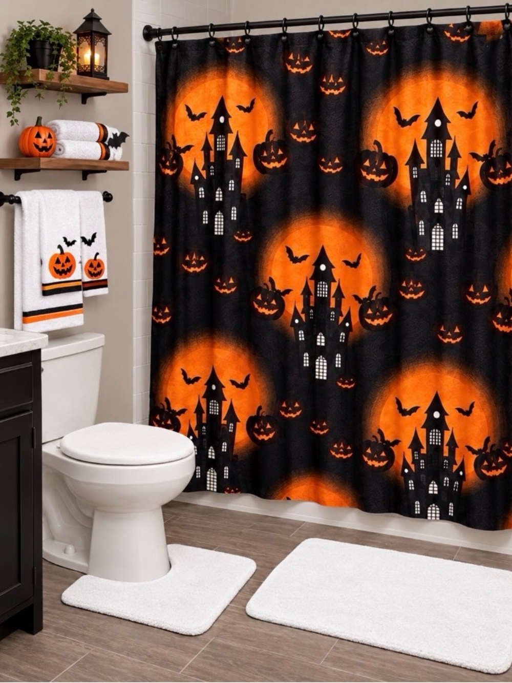 Halloween Textured Shower Curtain Orange Black Graveyard Designs